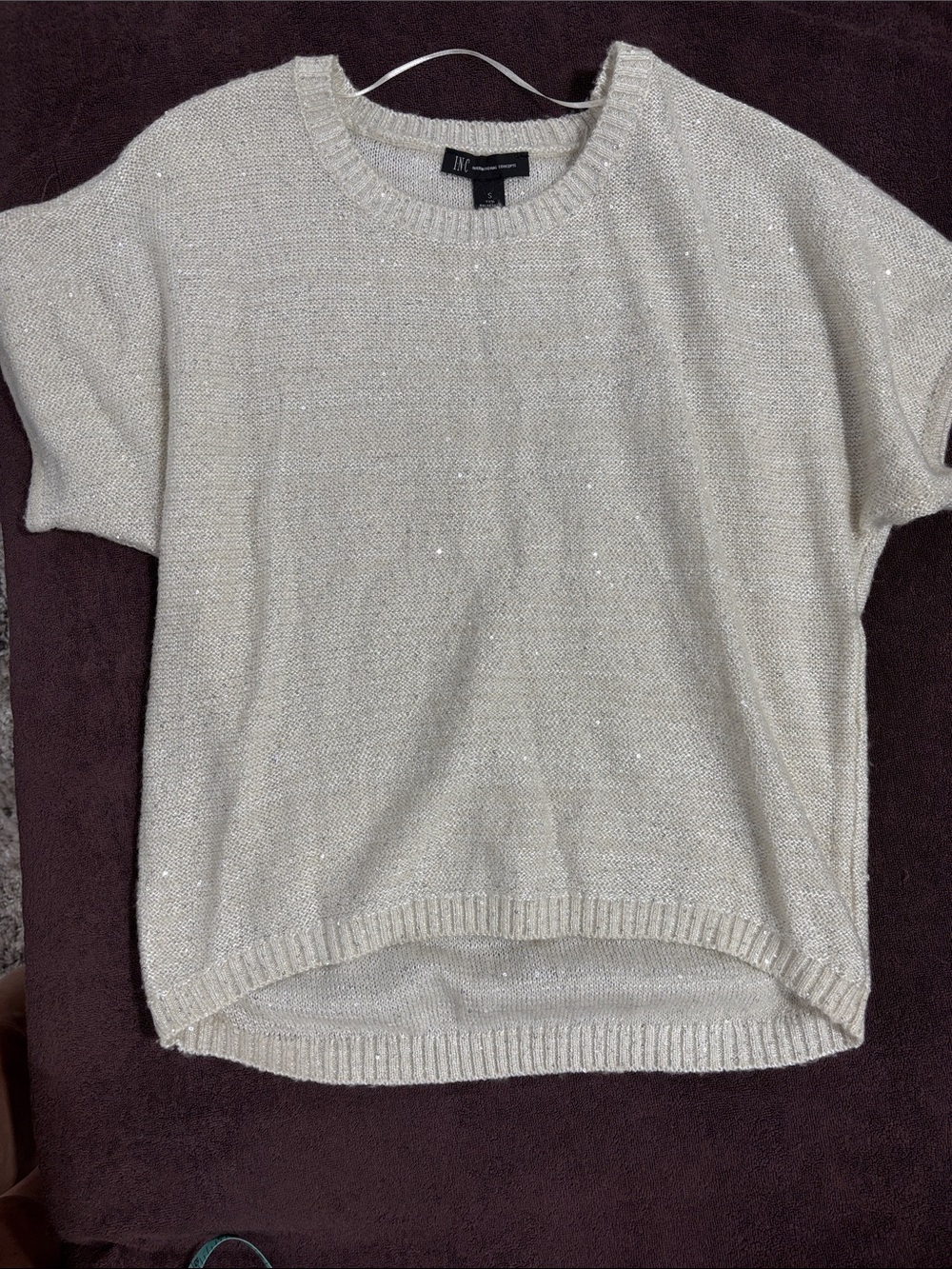 INC International Concepts Cream Short Sleeve Sweater with Sparkle